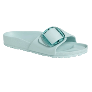 A light blue slide sandal with a textured footbed and a large buckle on the strap.