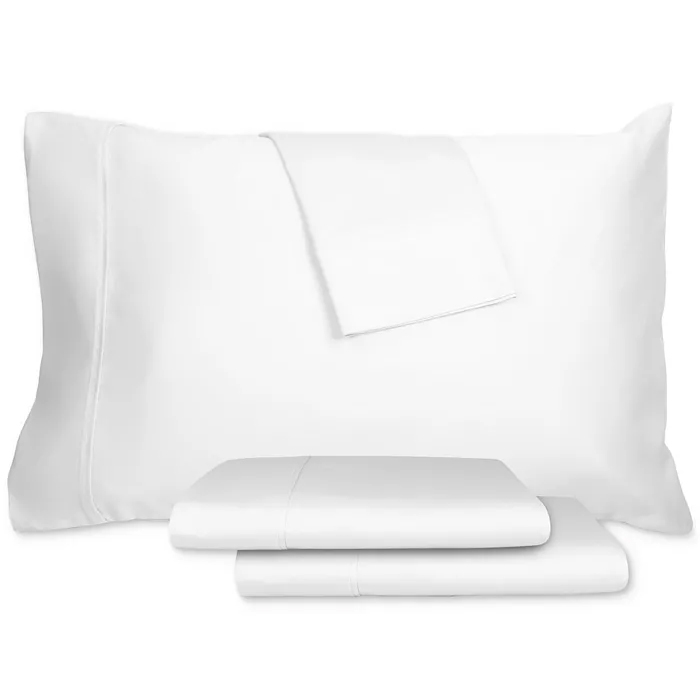 Ultra-Cool 1,000TC Cotton-Blend Sheet Set includes a white pillowcase, flat sheet, and fitted sheet with a smooth, polished finish designed for breathability and comfort.