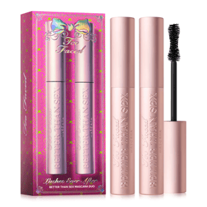 Too Faced \“Better Than Sex\“ Mascara Duo, featuring two pink tubes of mascara with an hourglass-shaped brush, packaged in a decorative box.
