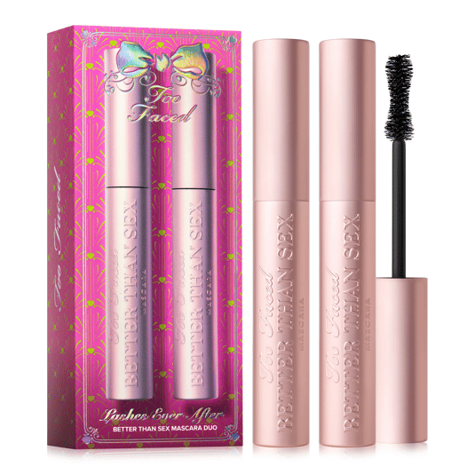 Too Faced \“Better Than Sex\“ Mascara Duo, featuring two pink tubes of mascara with an hourglass-shaped brush, packaged in a decorative box.