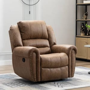 A brown, leather-like recliner with tufted cushions and studded armrests, featuring a manual recline lever on the side, set on a patterned rug in a modern living room.