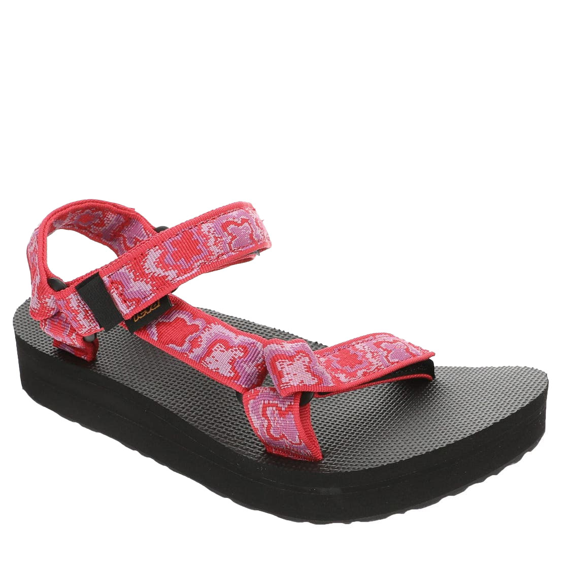 Red and pink Teva Universal Midform Sandals featuring adjustable straps and a black cushioned sole for comfort.