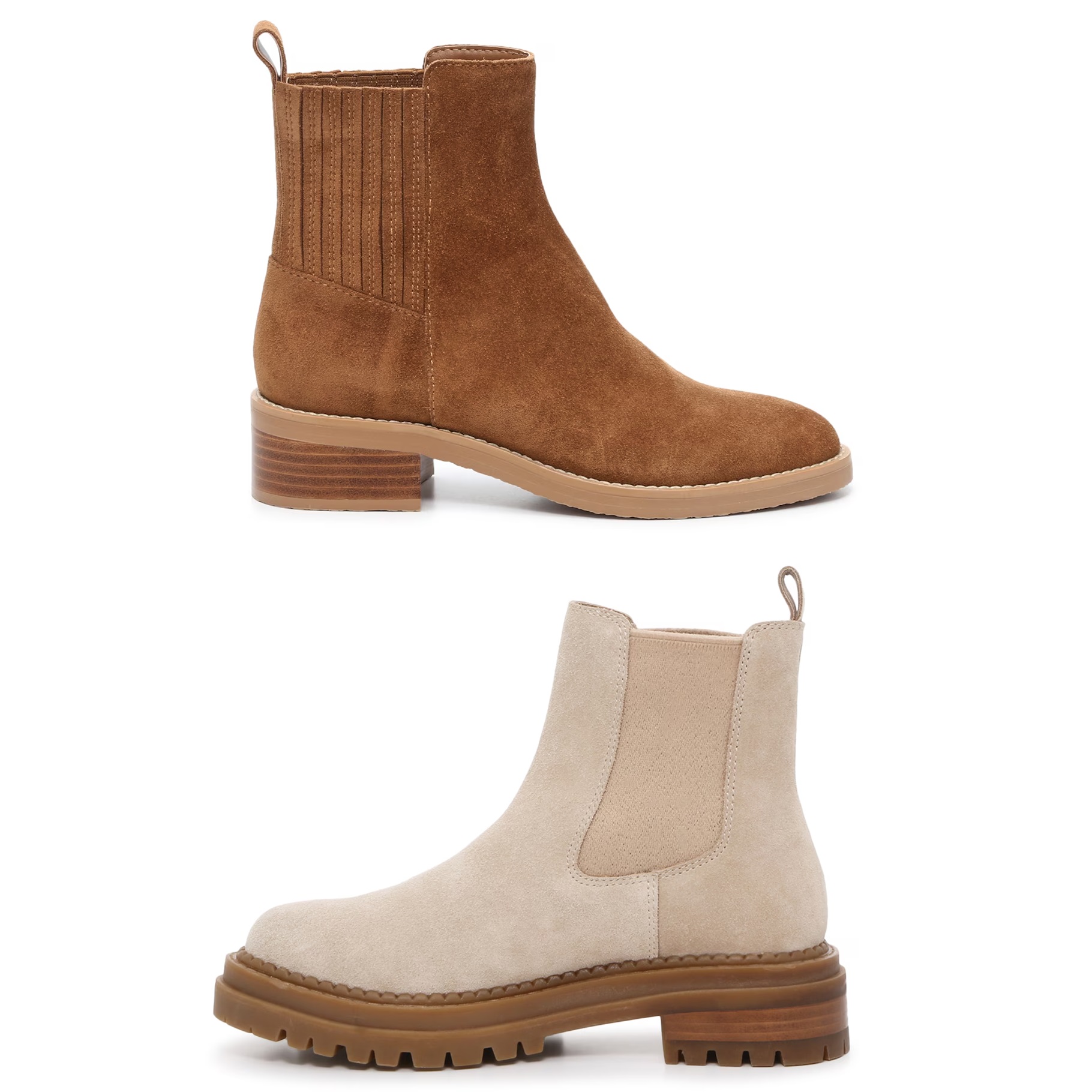 Two pairs of ankle boots, one in a brown hue with elastic side panels and the other in a beige color with a chunky sole.