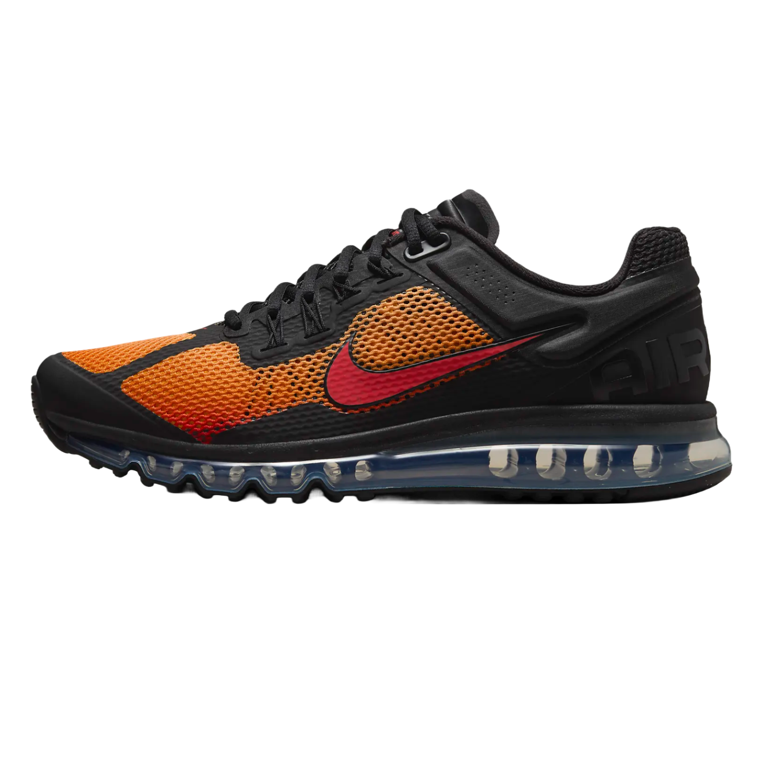 Black and orange Nike Air Max shoes with a visible air cushioning unit in the sole and the iconic Swoosh logo on the side.