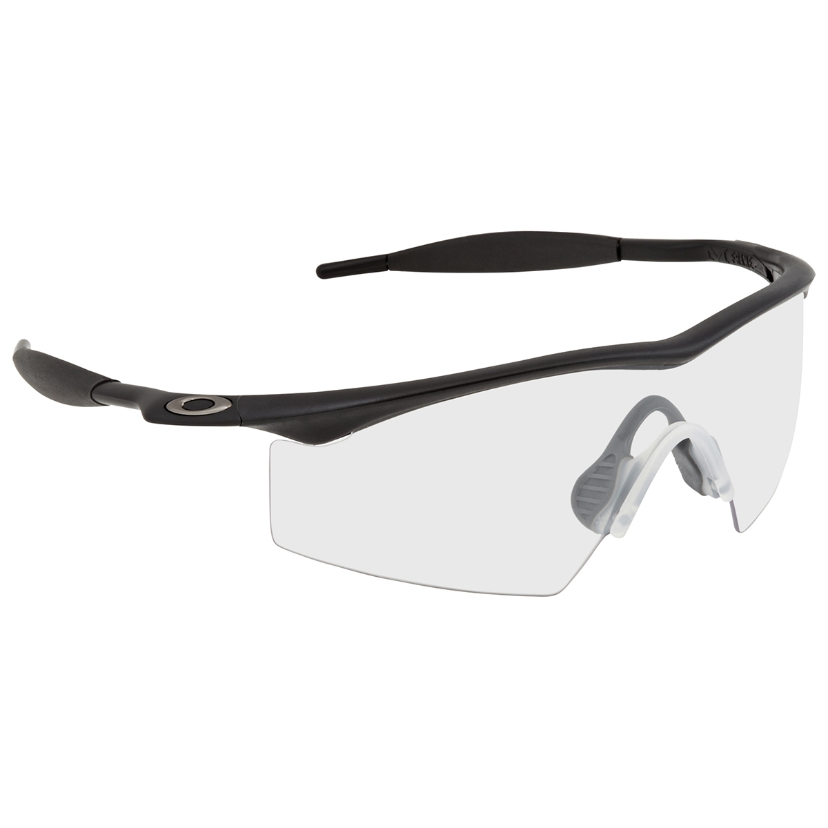 Oakley Men's M Frame Clear Sunglasses feature a sleek black frame with a single clear lens and adjustable nose pads for comfort and durability.