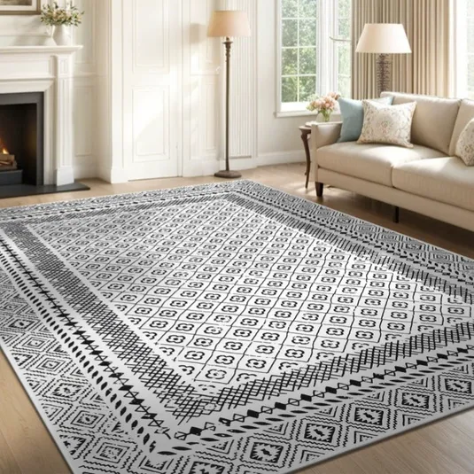 A living room features a white and black geometric patterned area rug on a wooden floor, accompanied by a beige sofa with pillows, a fireplace, and decorative elements like a floor lamp and artwork.