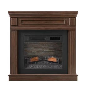 A dark wood electric fireplace with a classic mantel design features a realistic flame effect with logs and brick-patterned interior.