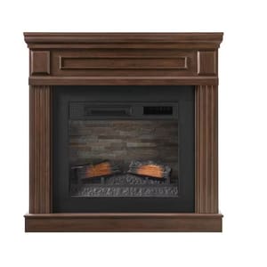 A dark wood electric fireplace with a classic mantel design features a realistic flame effect with logs and brick-patterned interior.