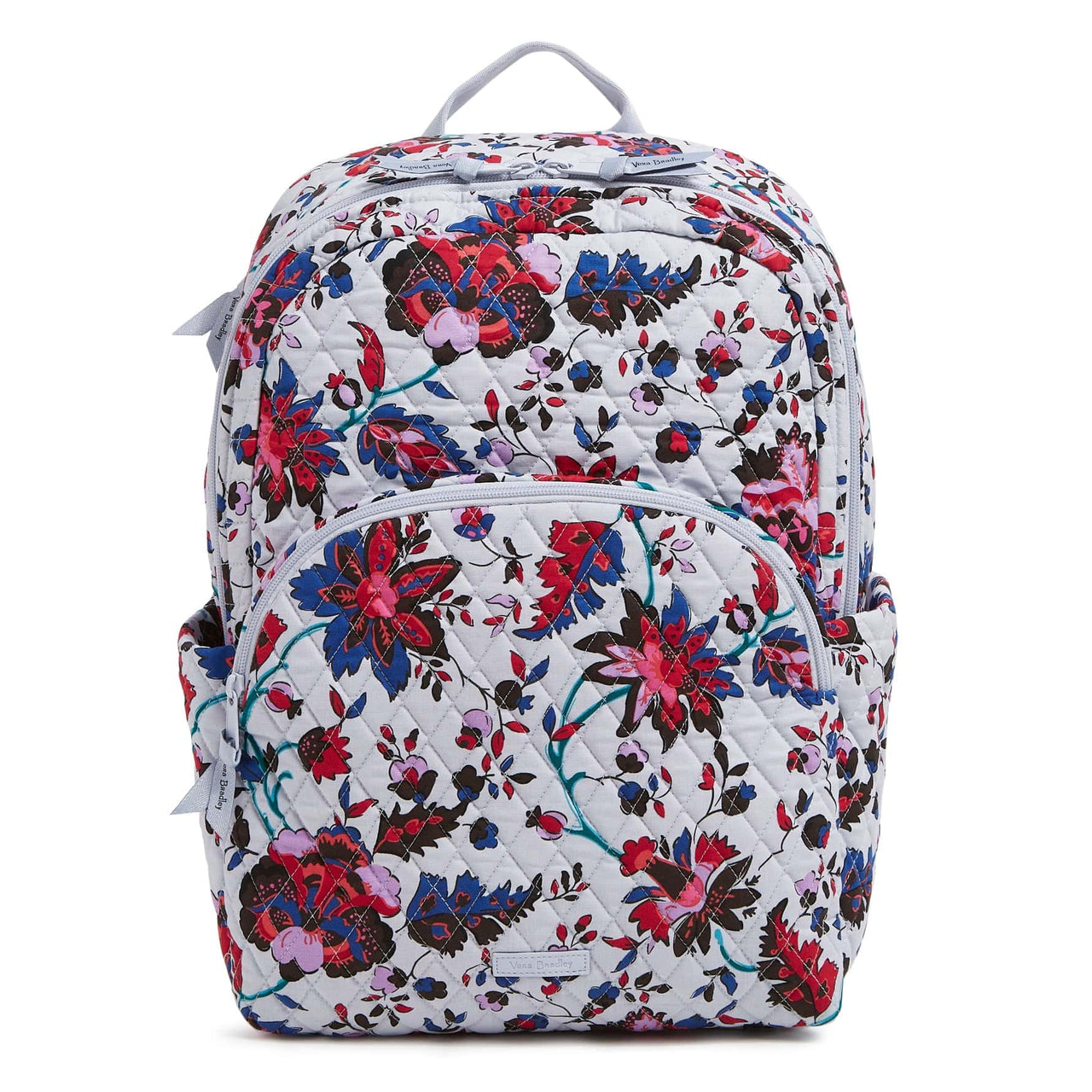 Vera Bradley Outlet Large Backpack features a quilted floral design with red, blue, and pink flowers on a white background, including multiple zippered compartments and side pockets for storage.