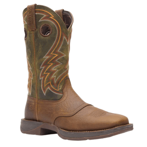 Brown cowboy boot with a green shaft featuring orange and white decorative stitching and pull holes. The sole is sturdy with a round toe design.
