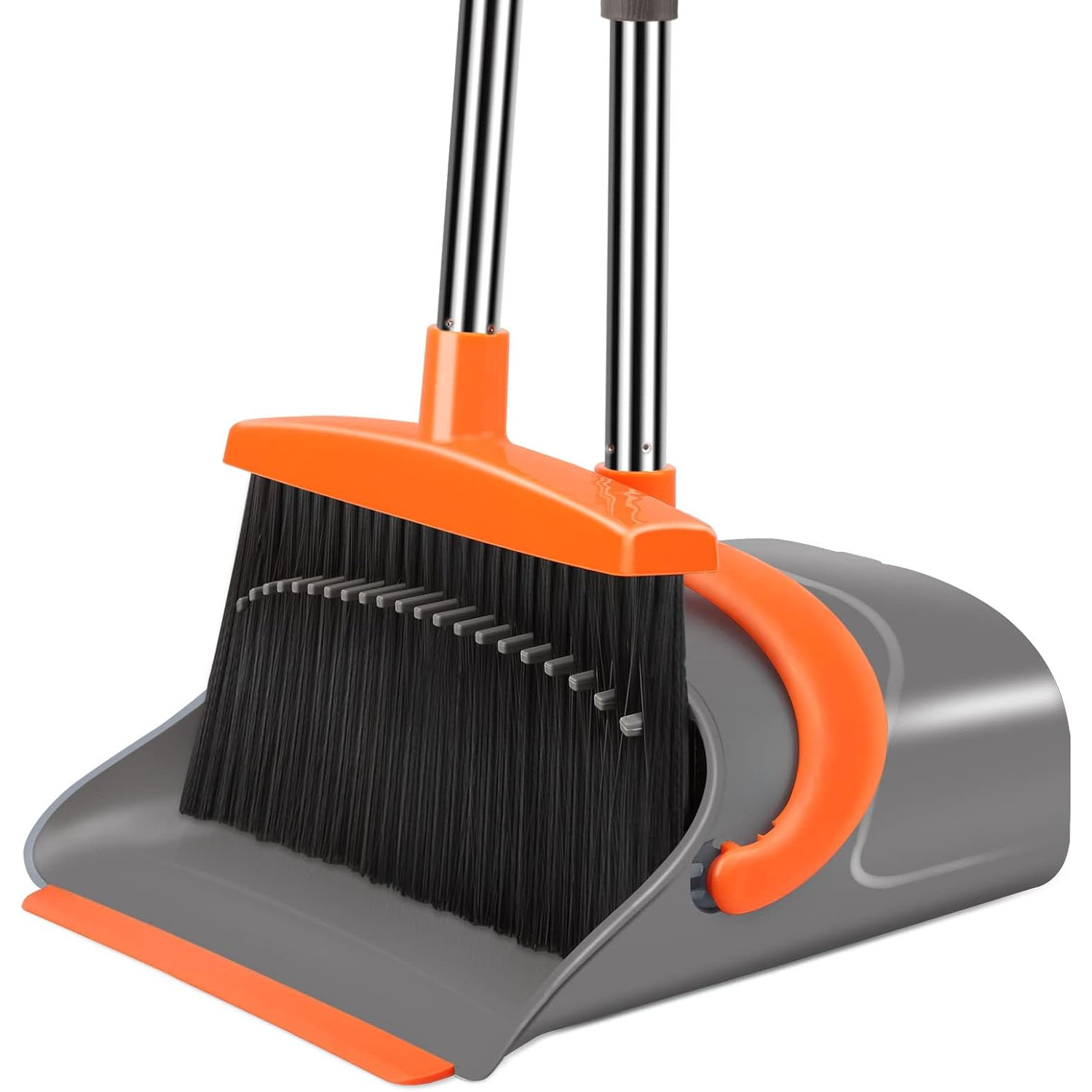 A broom and dustpan set with a detachable design, featuring an orange and gray color scheme. The dustpan has a comb-like edge for cleaning the broom bristles.