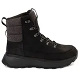 A black North Face boot with a high-top design, featuring metal lace hooks and a padded gray ankle collar.