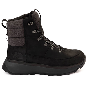 A black North Face boot with a high-top design, featuring metal lace hooks and a padded gray ankle collar.