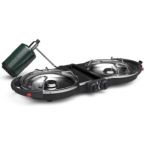 Coleman Fold-N-Go Camping Stove features two burners with stainless steel covers, propane fuel attachment, and control knobs for adjustable heat. It's compact and portable, ideal for outdoor cooking.