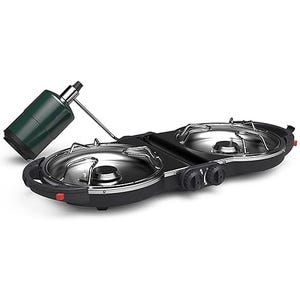 Coleman Fold-N-Go Camping Stove features two burners with stainless steel covers, propane fuel attachment, and control knobs for adjustable heat. It's compact and portable, ideal for outdoor cooking.