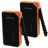 Two \“myCharge Adventure\“ portable chargers with orange and black design, featuring keychain attachments.