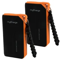 Two \“myCharge Adventure\“ portable chargers with orange and black design, featuring keychain attachments.