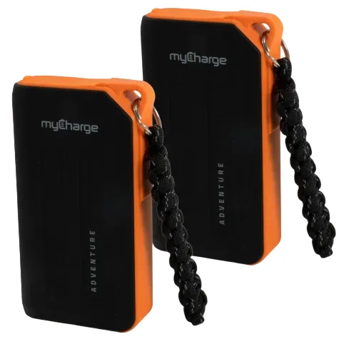 Two \“myCharge Adventure\“ portable chargers with orange and black design, featuring keychain attachments.