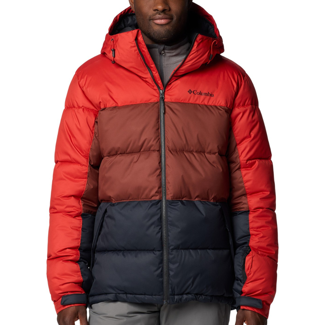 Columbia Slope Style Jacket: A color-blocked, insulated winter jacket with a hood, featuring red, brown, and navy sections, equipped with a zip front and side pockets for warmth and functionality.
