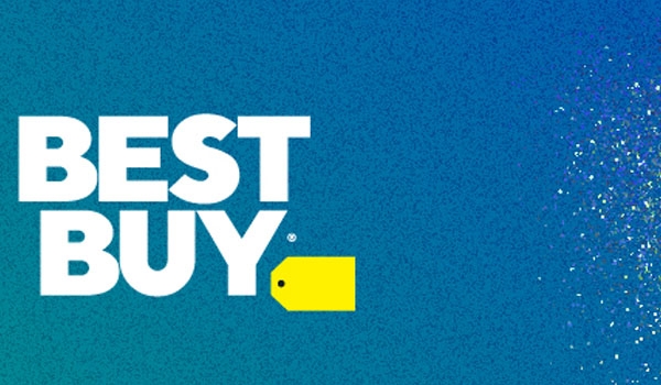 the best buy logo on an ombre green and blue background