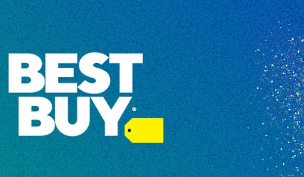 the best buy logo on an ombre green and blue background