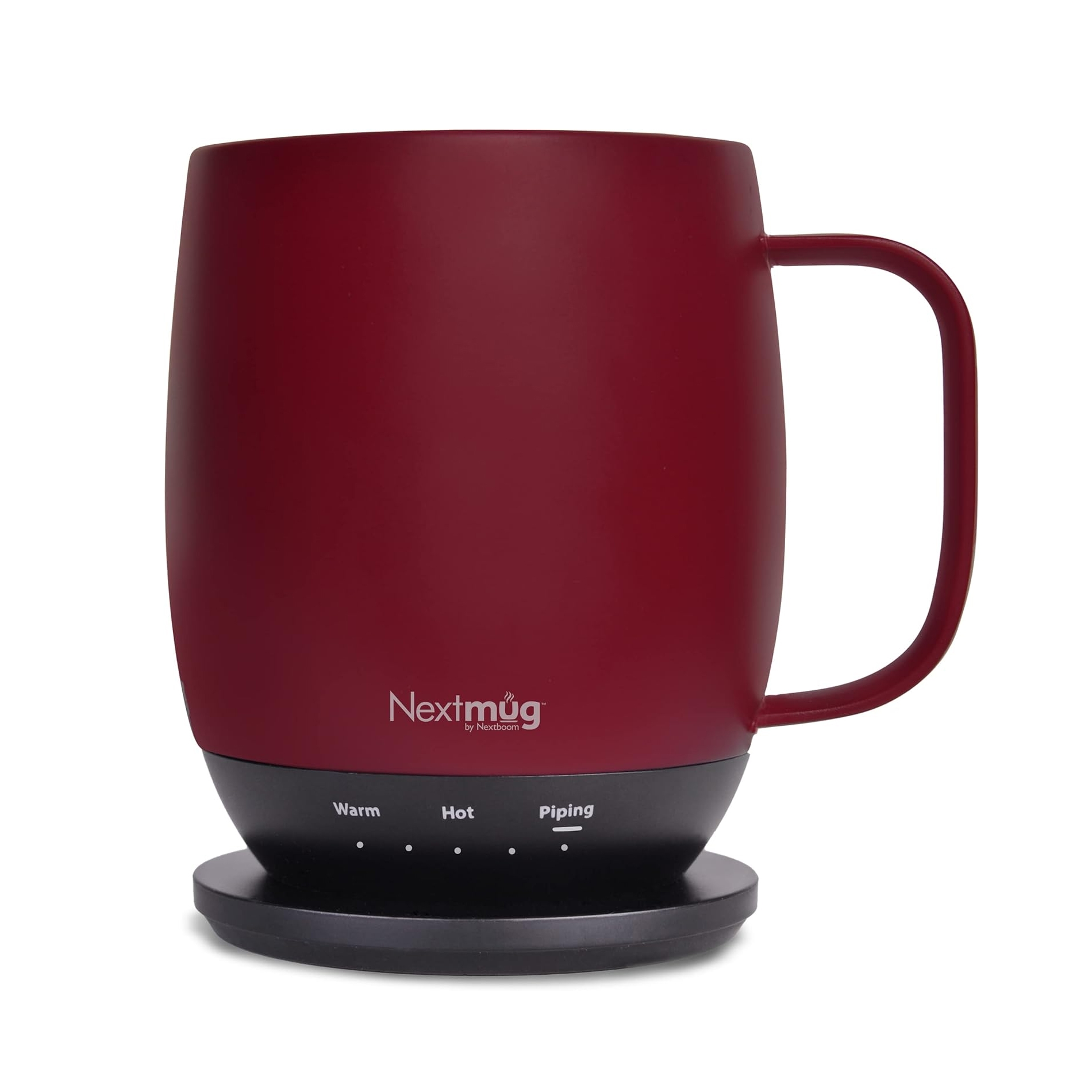 The Nextmug Temperature Controlled Mug is a sleek, red mug with a handle, designed to keep beverages at specific temperatures (Warm, Hot, Piping) as indicated on its base.