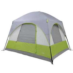A green and gray dome-style camping tent with a spacious interior and large entrance, secured with support poles.