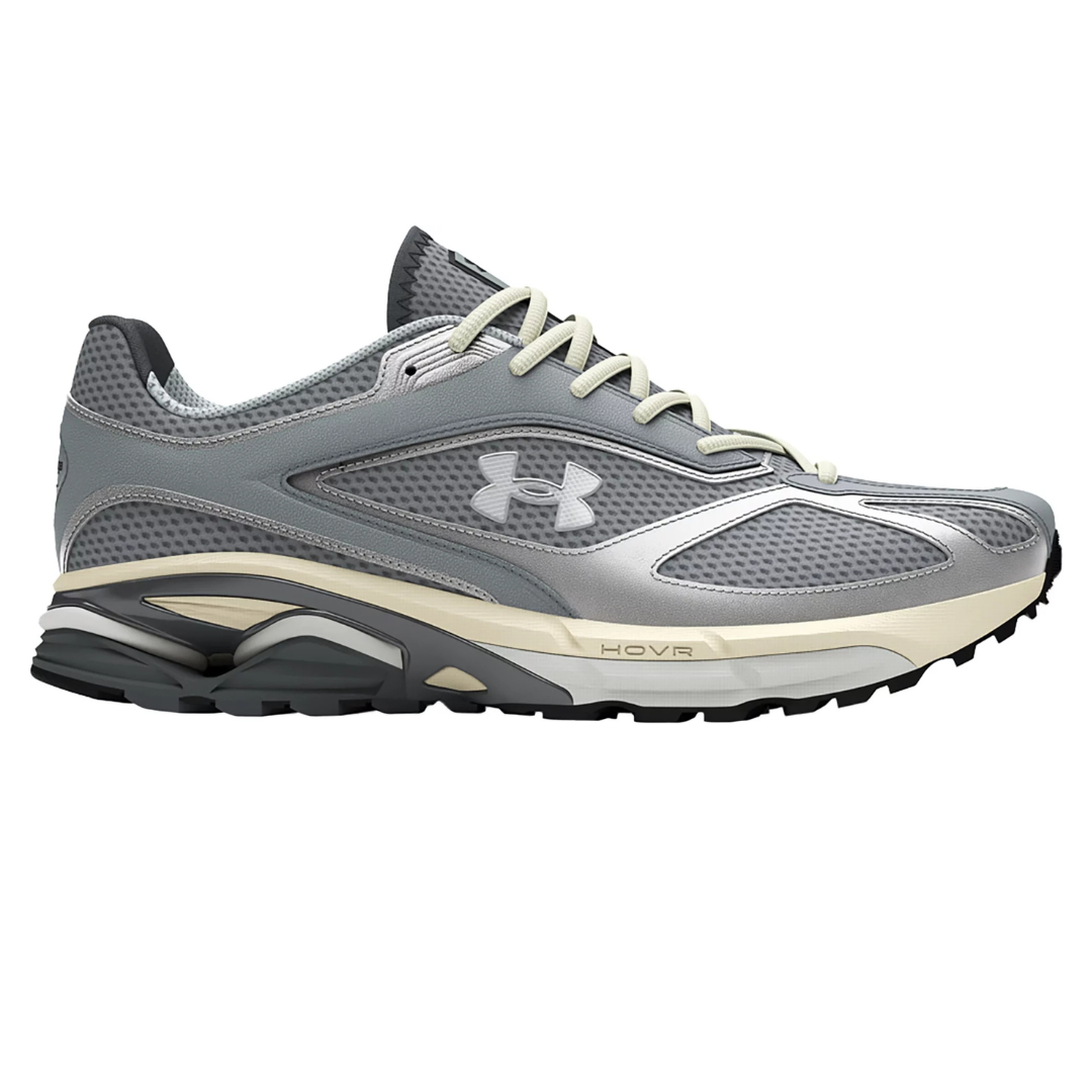 Under Armour Men's Apparition Shoes feature a sleek, grey design with mesh and synthetic overlays, HOVR cushioning for comfort, and a durable rubber outsole for traction. The shoe displays the Under Armour logo on the side.