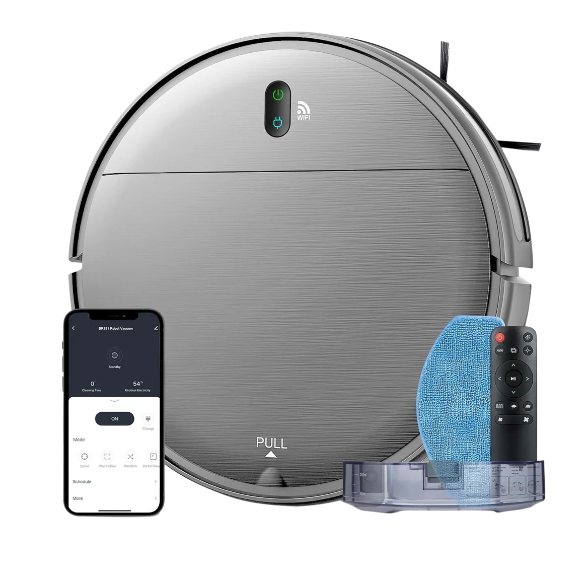 Robot vacuum and mop in a round, gray design with WiFi connectivity. Features a smartphone app interface and includes a blue mop pad, and a remote control with cleaning mode options.