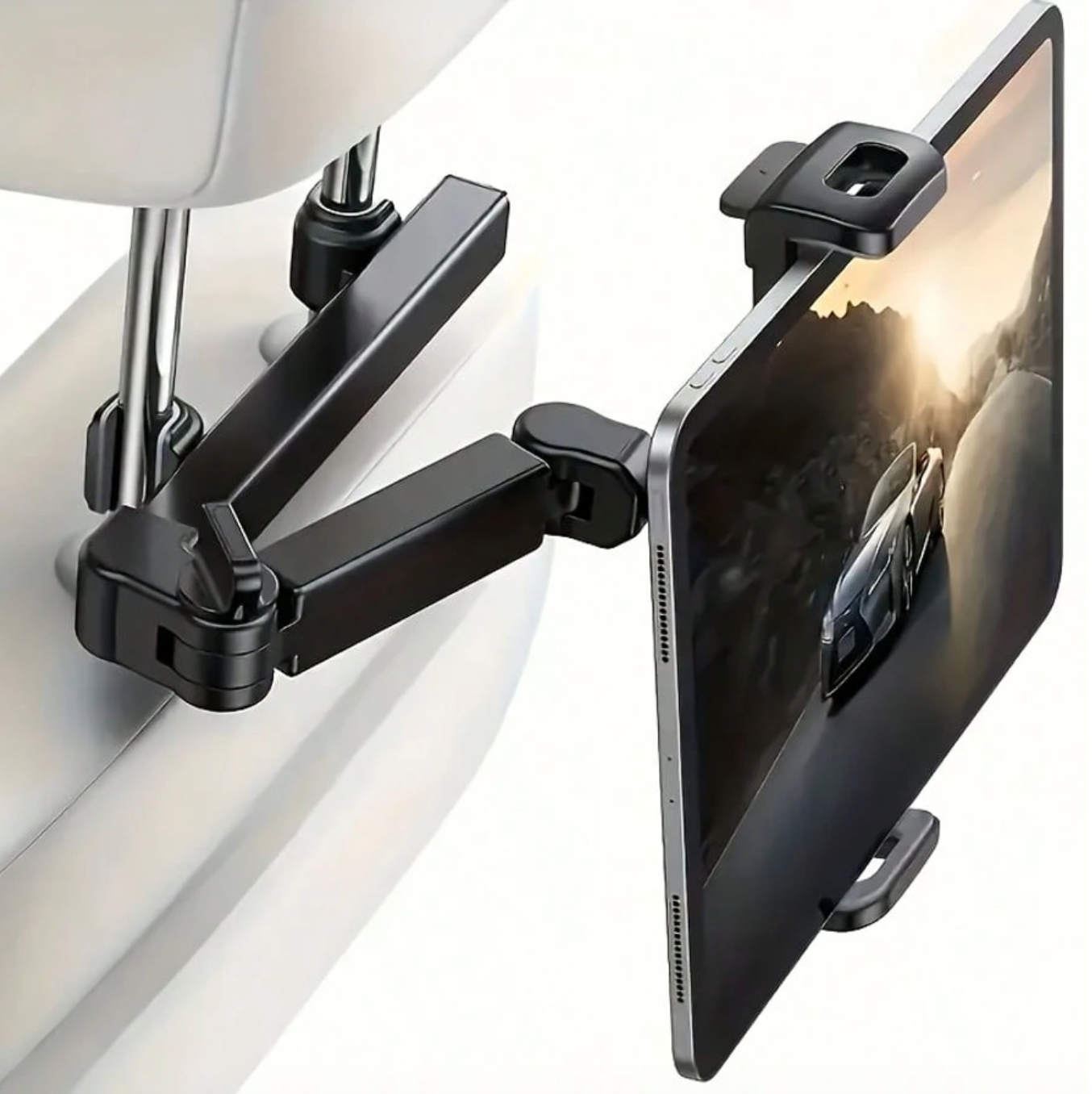 A tablet holder attached to a car seat's headrest, featuring an adjustable arm, secures a tablet for backseat viewing.