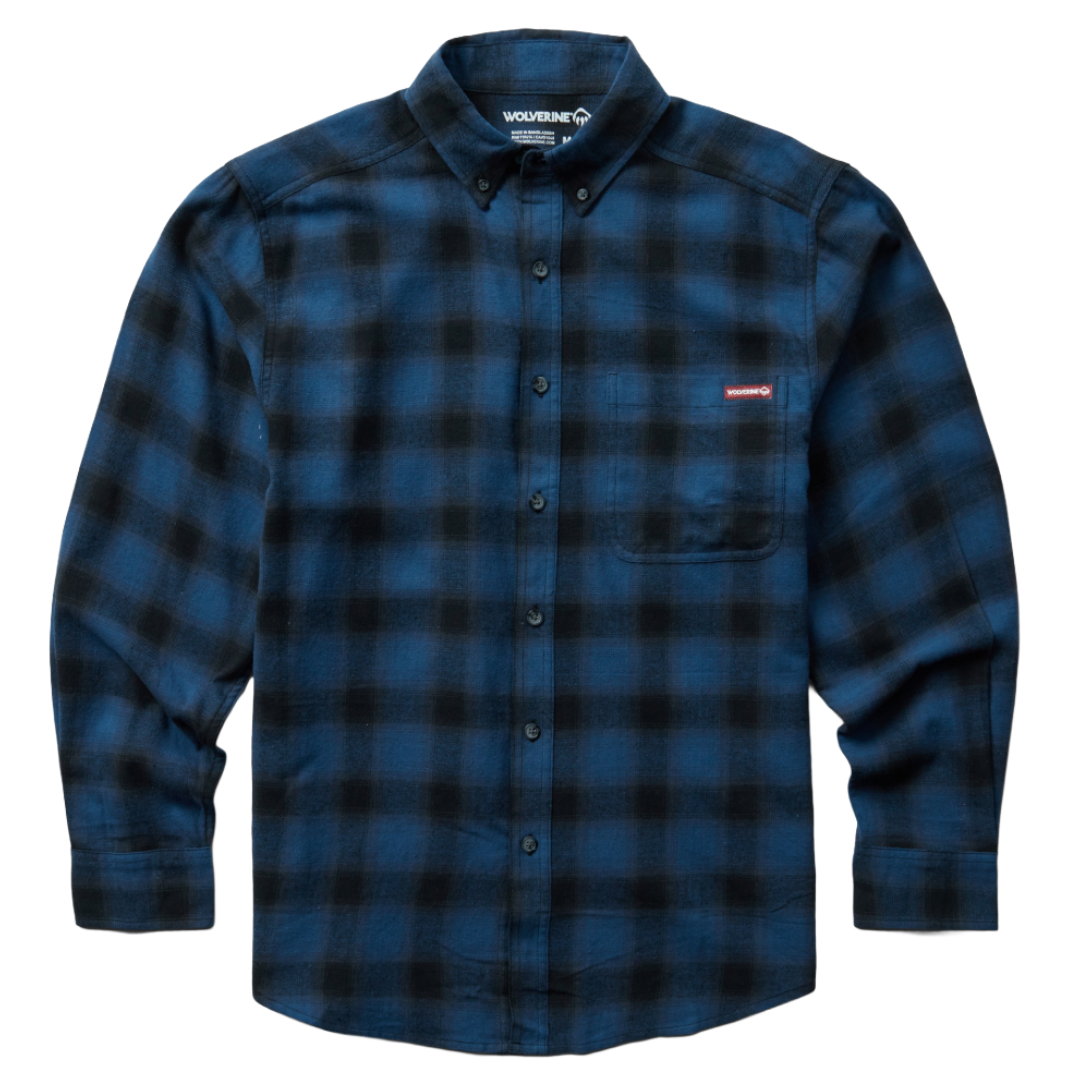 Blue and black checkered long-sleeve flannel shirt with button-down collar, featuring a chest pocket and a small red logo tag.