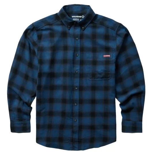 Blue and black checkered long-sleeve flannel shirt with button-down collar, featuring a chest pocket and a small red logo tag.