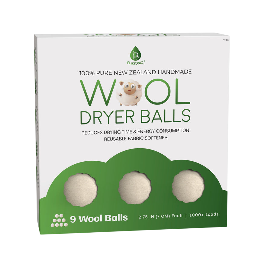 Wool dryer balls made from 100% New Zealand wool, designed to reduce drying time and energy consumption. The package contains 9 reusable balls, each 2.75 inches (7 cm) in size, suitable for over 1000 loads.