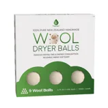 Wool dryer balls made from 100% New Zealand wool, designed to reduce drying time and energy consumption. The package contains 9 reusable balls, each 2.75 inches (7 cm) in size, suitable for over 1000 loads.