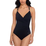 A black one-piece swimsuit featuring a V-neckline, adjustable double straps, and side ruching with a drawstring detail.