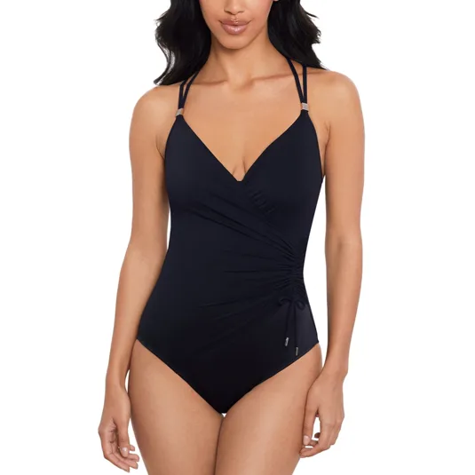 A black one-piece swimsuit featuring a V-neckline, adjustable double straps, and side ruching with a drawstring detail.