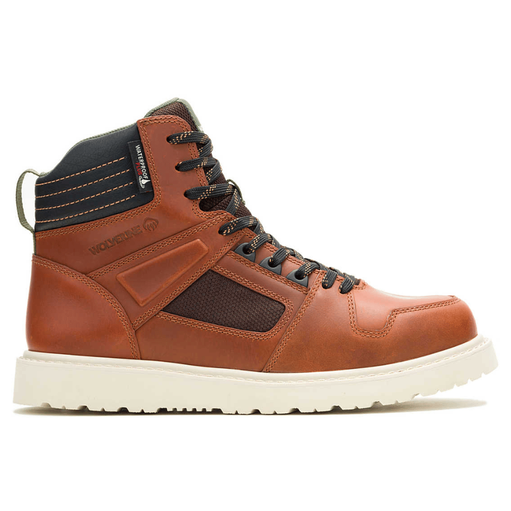 A brown Wolverine waterproof work boot featuring a high-top design, black laces, a padded ankle, mesh panels, and a white sole.