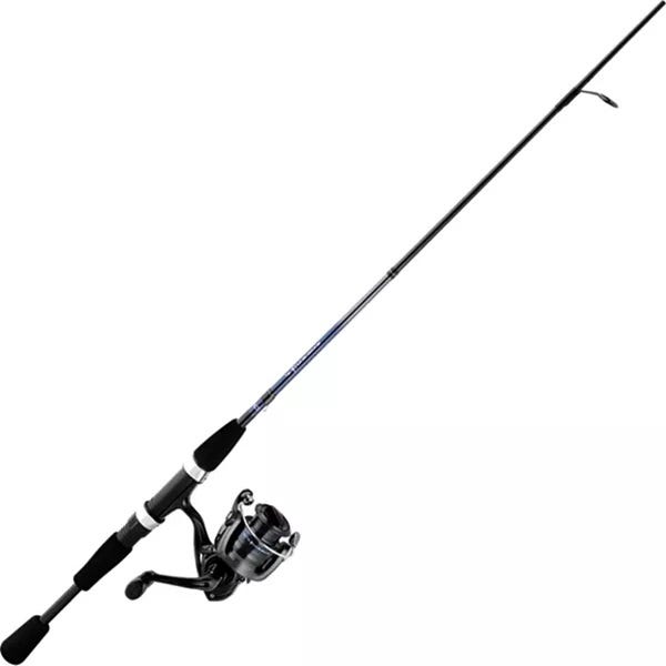A fishing rod with a spinning reel attached, featuring a black and silver color scheme.