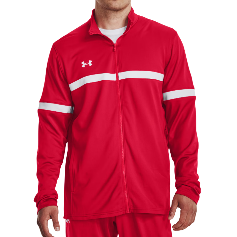 A red Under Armour jacket featuring white stripes across the chest and sleeves, designed with a full zip front and long sleeves.