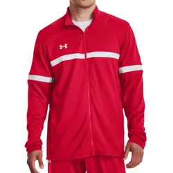 A red Under Armour jacket featuring white stripes across the chest and sleeves, designed with a full zip front and long sleeves.