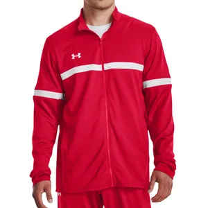 A red Under Armour jacket featuring white stripes across the chest and sleeves, designed with a full zip front and long sleeves.