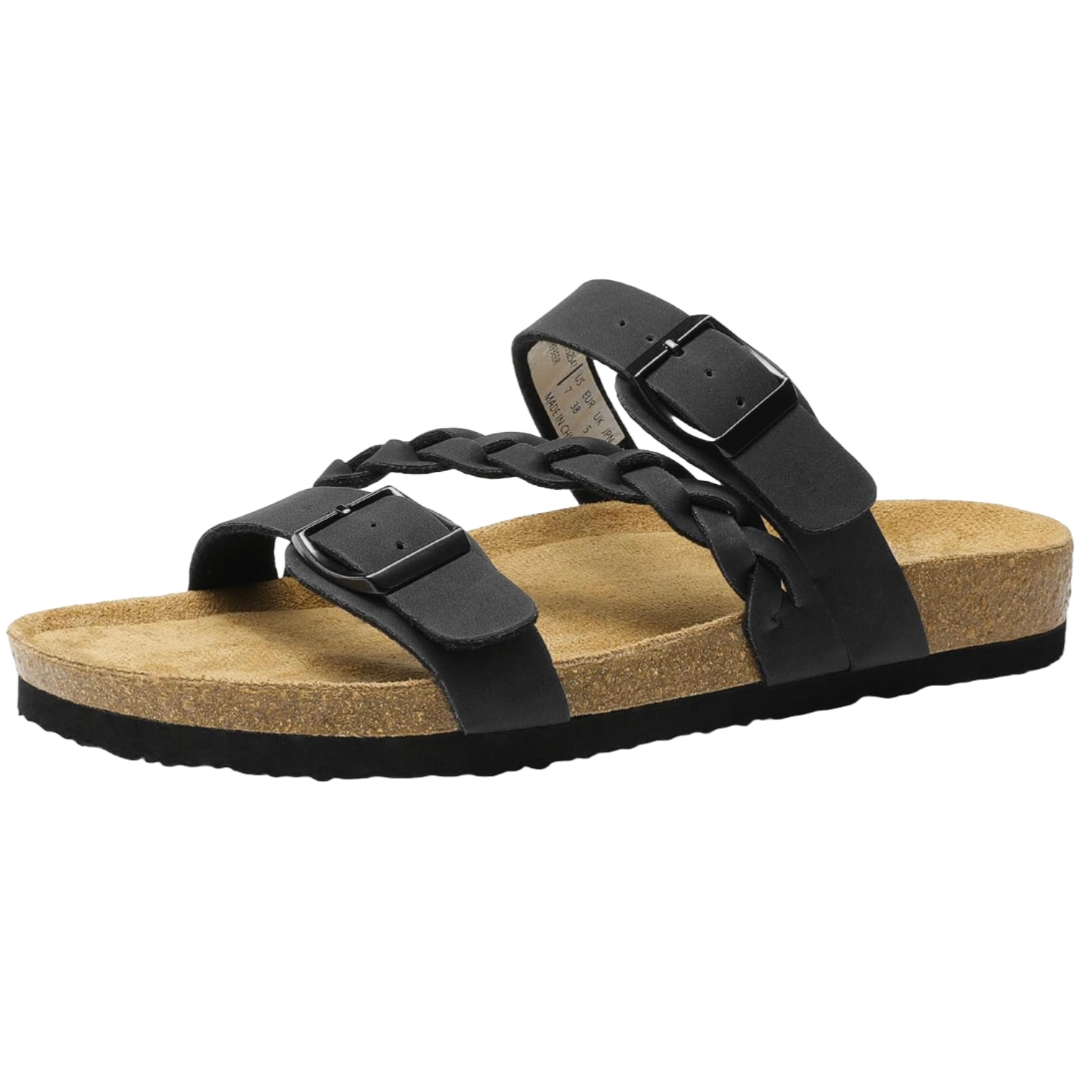 Black sandal with two adjustable buckles and a braided strap over a cork footbed.