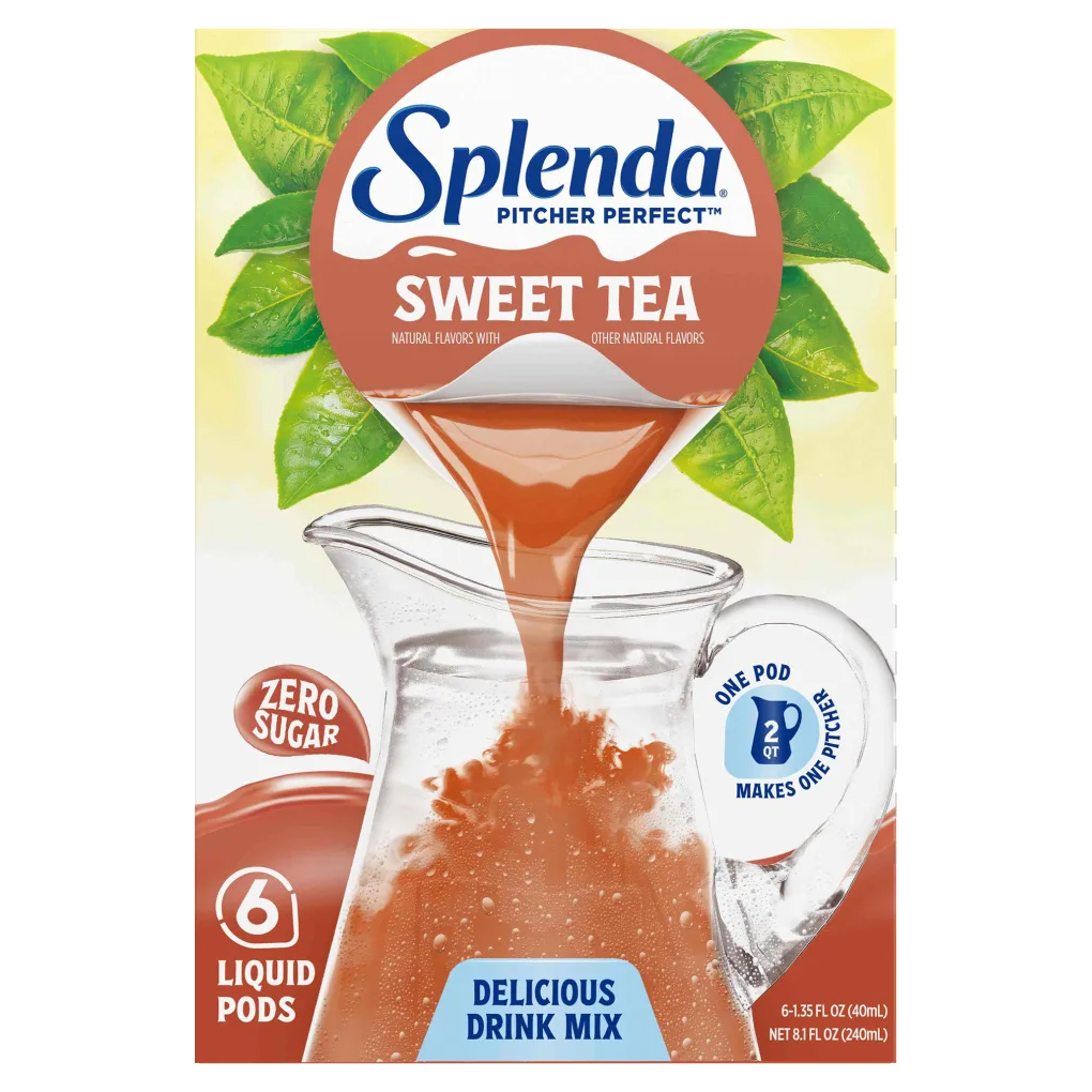Splenda Sweet Tea Pitcher Perfect drink mix contains six zero-sugar liquid pods, each making one 2-quart pitcher.