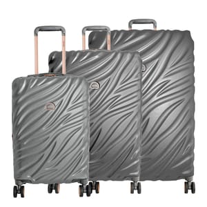 Three hard-shell suitcases with textured surface and telescopic handles, in varying sizes, featuring a smooth, metallic finish.