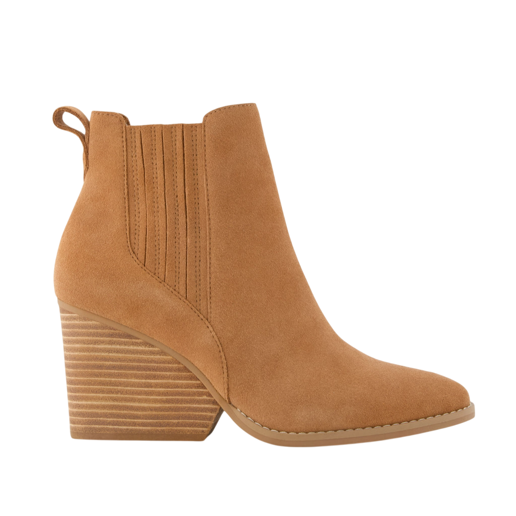 Tan suede ankle boot with a chunky stacked heel, elastic side panels, and pull tab for easy wear.