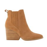 Tan suede ankle boot with a chunky stacked heel, elastic side panels, and pull tab for easy wear.