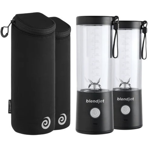 Two black portable blenders labeled \“blendjet\“ alongside two matching black carrying cases with zipper closures.