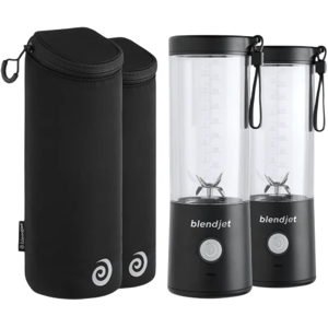 Two black portable blenders labeled \“blendjet\“ alongside two matching black carrying cases with zipper closures.