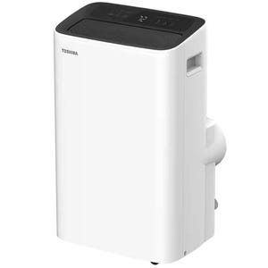 A Toshiba portable air conditioner with a sleek white design and a digital display on top, featuring side handles for easy mobility.