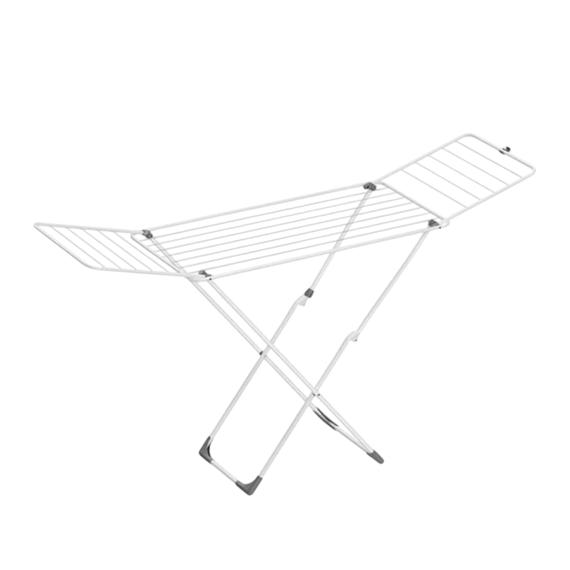 A foldable clothes drying rack with multiple rods for hanging laundry, featuring a lightweight metal frame and extendable winged sides for additional drying space.
